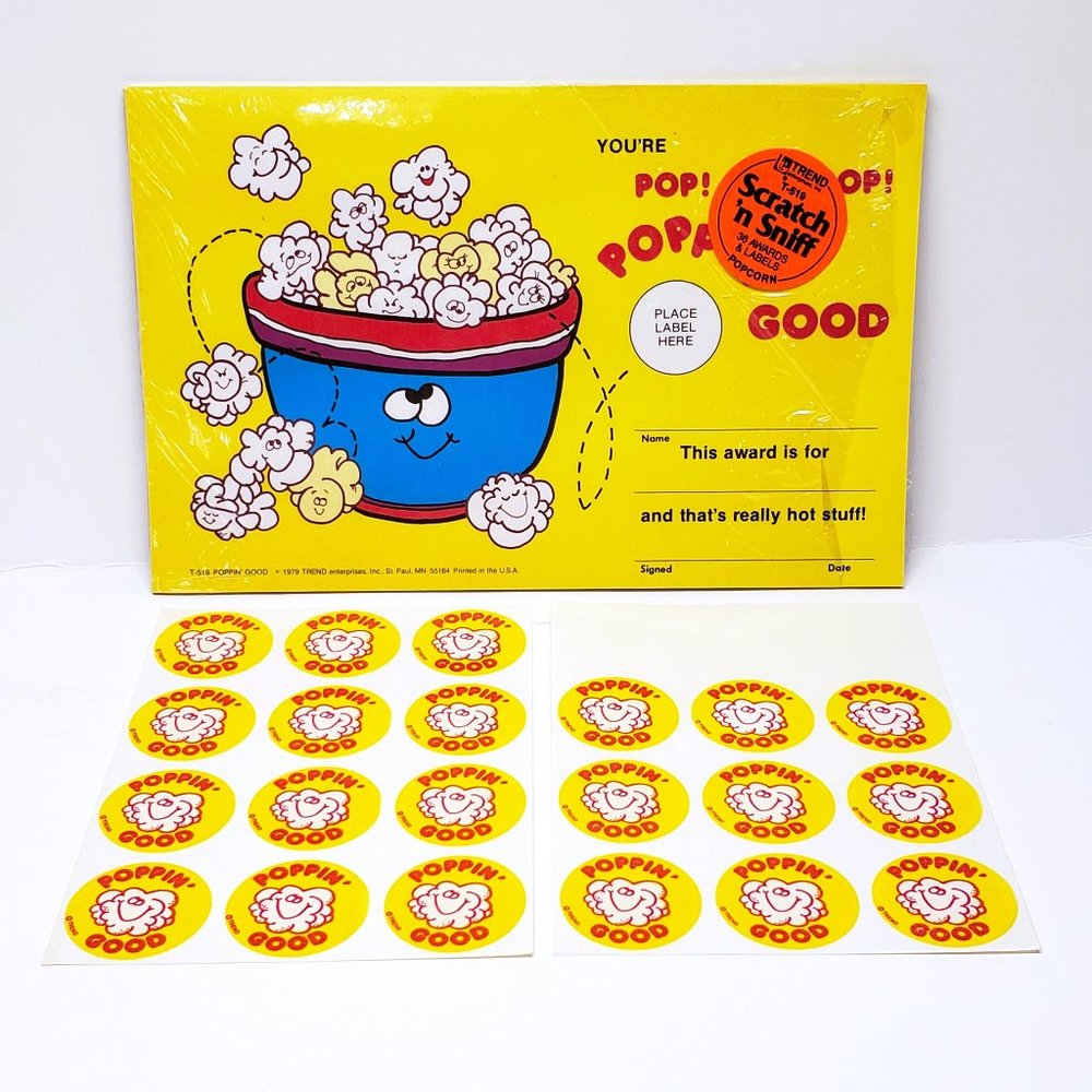 1979 Trend Popcorn Scratch 'n Sniff Sticker Sheets w/ Certificates Poppin' Good
